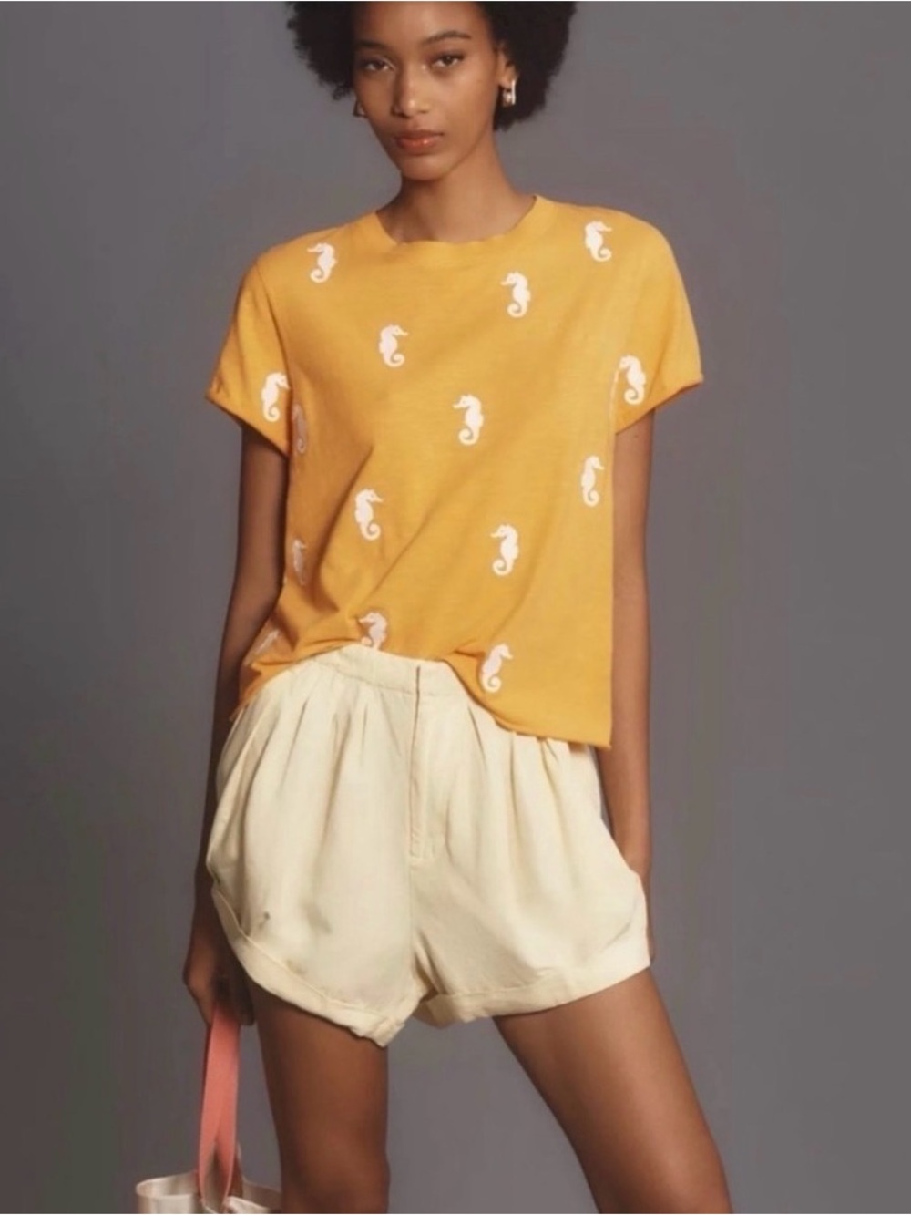 Maeve for Anthropologie light orange & white seahorse slub tee - size medium